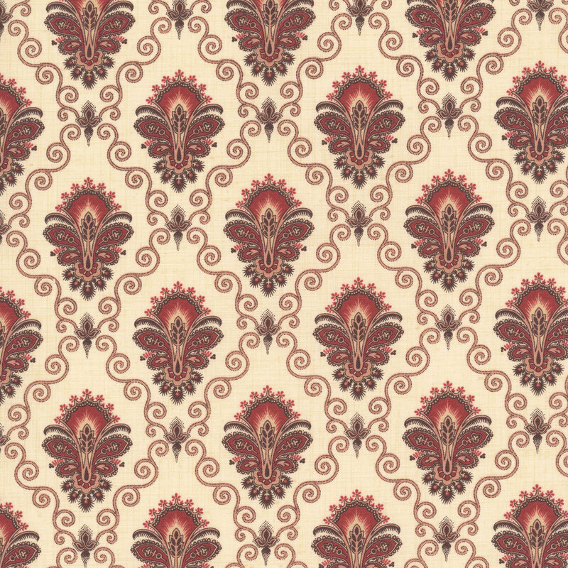 A cream fabric swatch featuring a stylized damask print in hues of muted red, pink, and brown.