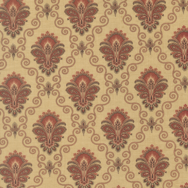 A light tan fabric swatch featuring a stylized damask print in hues of muted red, pink, and brown.