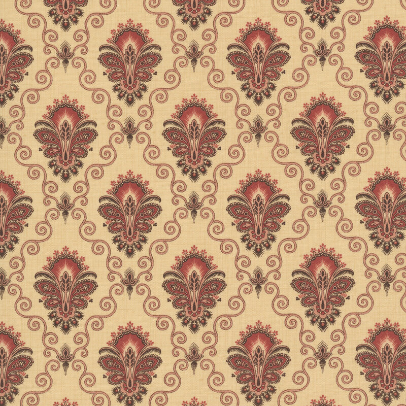 A light tan fabric swatch featuring a stylized damask print in hues of muted red, pink, and brown.