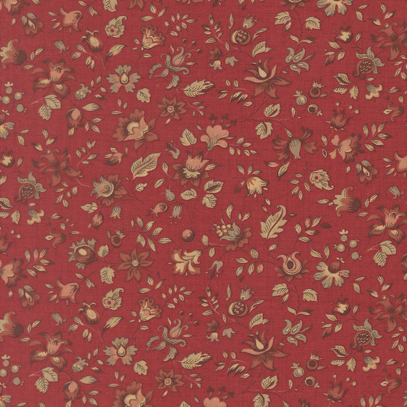 A rouge red fabric swatch featuring a vintage floral pattern in hues of taupe, blush, and red.