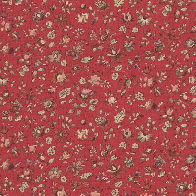 A rouge red fabric swatch featuring a vintage floral pattern in hues of taupe, blush, and red.