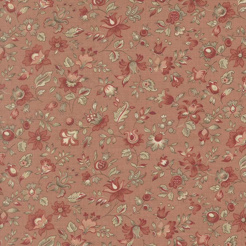 A clay fabric swatch featuring a vintage floral pattern in hues of taupe, blush, red, and cream.