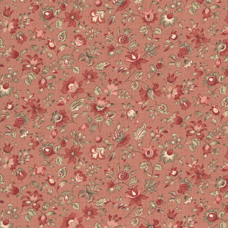 A clay fabric swatch featuring a vintage floral pattern in hues of taupe, blush, red, and cream.