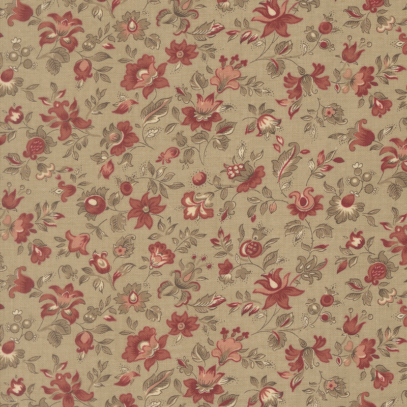 A taupe fabric swatch featuring a vintage floral pattern in hues of mushroom, blush, red, and cream.