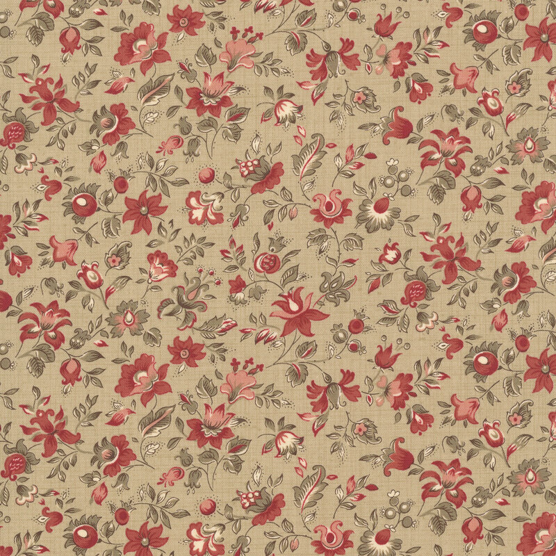 A taupe fabric swatch featuring a vintage floral pattern in hues of mushroom, blush, red, and cream.