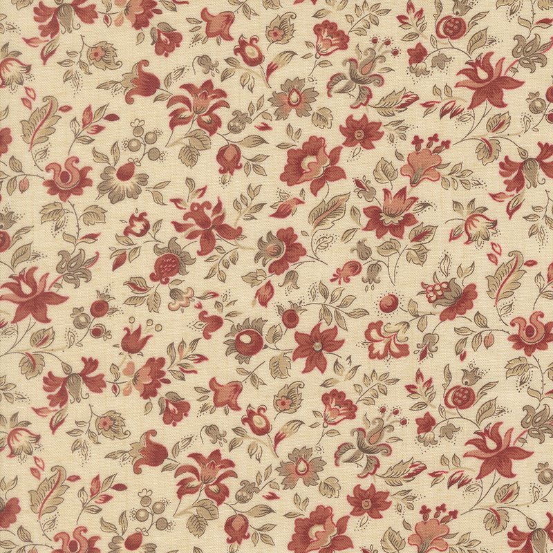 A cream fabric swatch featuring a vintage floral pattern in hues of taupe, blush, and red.
