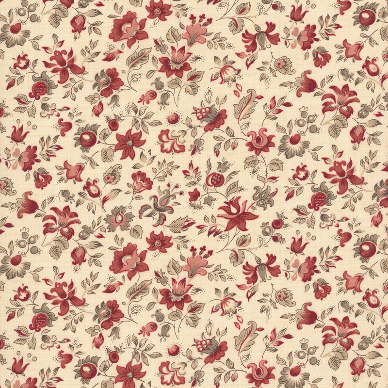 A cream fabric swatch featuring a vintage floral pattern in hues of taupe, blush, and red.