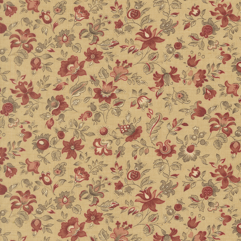A buff fabric swatch featuring a vintage floral pattern in hues of taupe, blush, red, and cream.