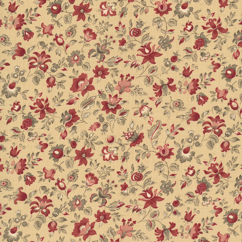 A buff fabric swatch featuring a vintage floral pattern in hues of taupe, blush, red, and cream.