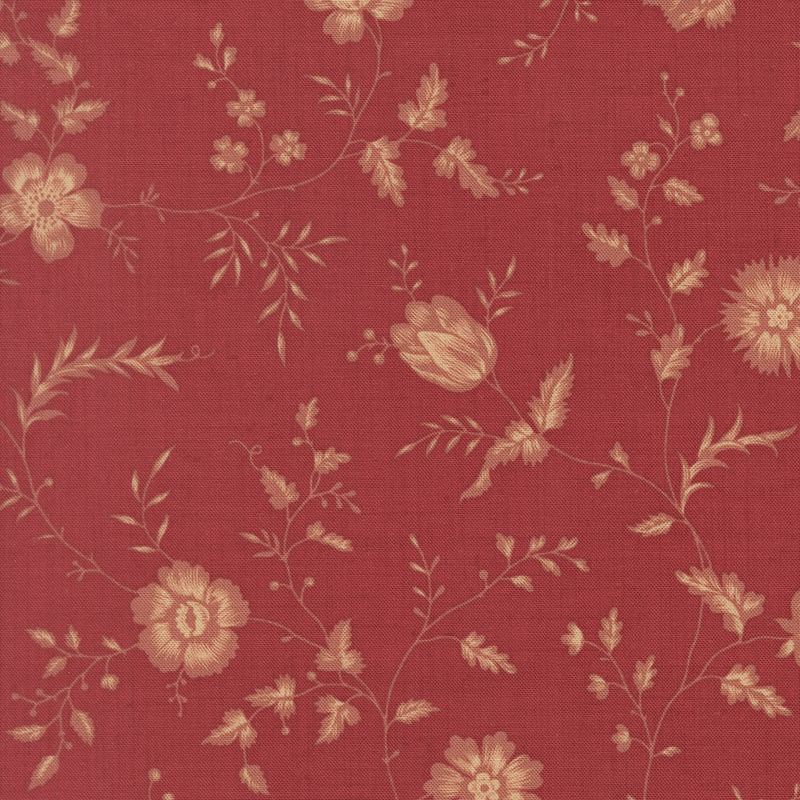 A rouge red fabric featuring a beige floral and vine print.