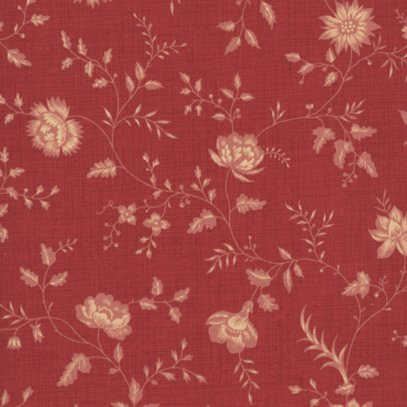 A rouge red fabric featuring a beige floral and vine print.
