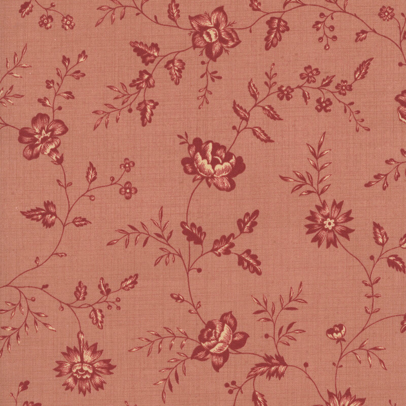 A clay fabric featuring a dark red and cream floral and vine print.