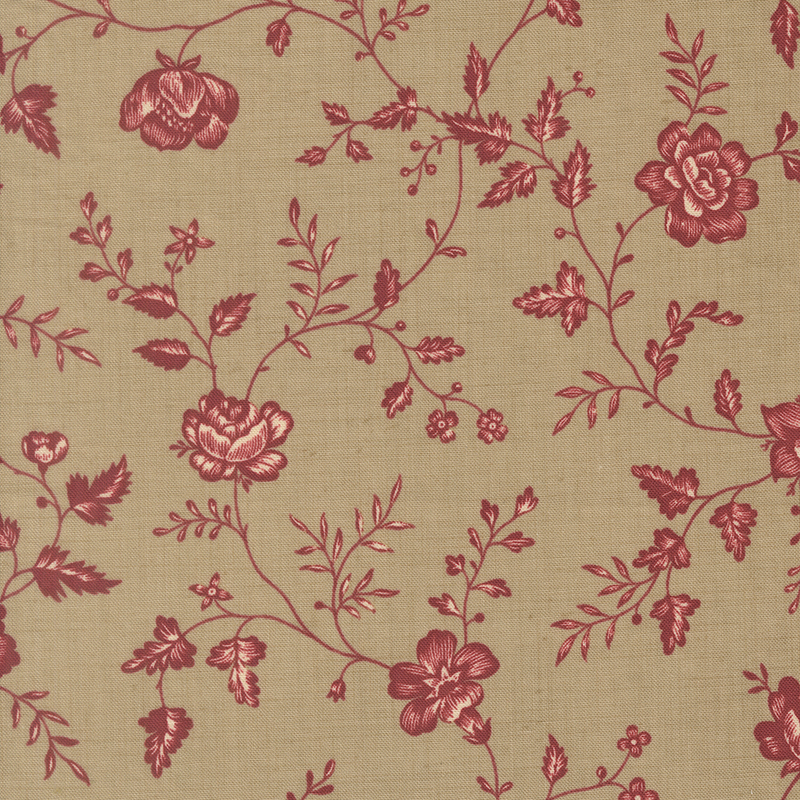 A stone gray fabric featuring a red and cream floral and vine print.