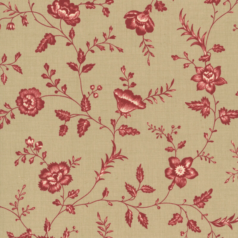 A stone gray fabric featuring a red and cream floral and vine print.