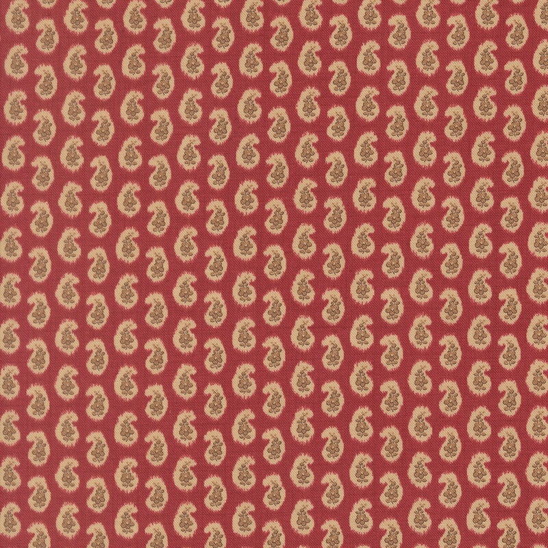 Rouge red fabric featuring a repeating teardrop pattern filled with delicate florals.