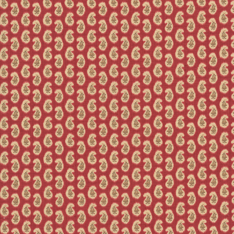 Rouge red fabric featuring a repeating teardrop pattern filled with delicate florals.