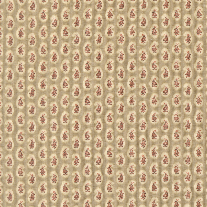 Stone gray fabric featuring a repeating teardrop pattern filled with delicate florals.