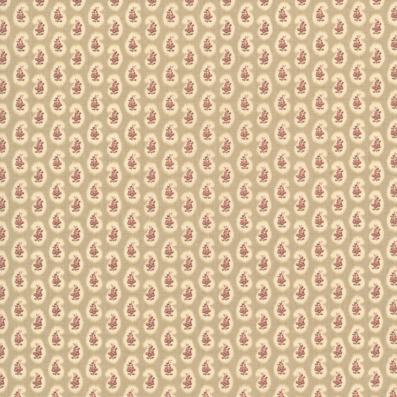 Stone gray fabric featuring a repeating teardrop pattern filled with delicate florals.