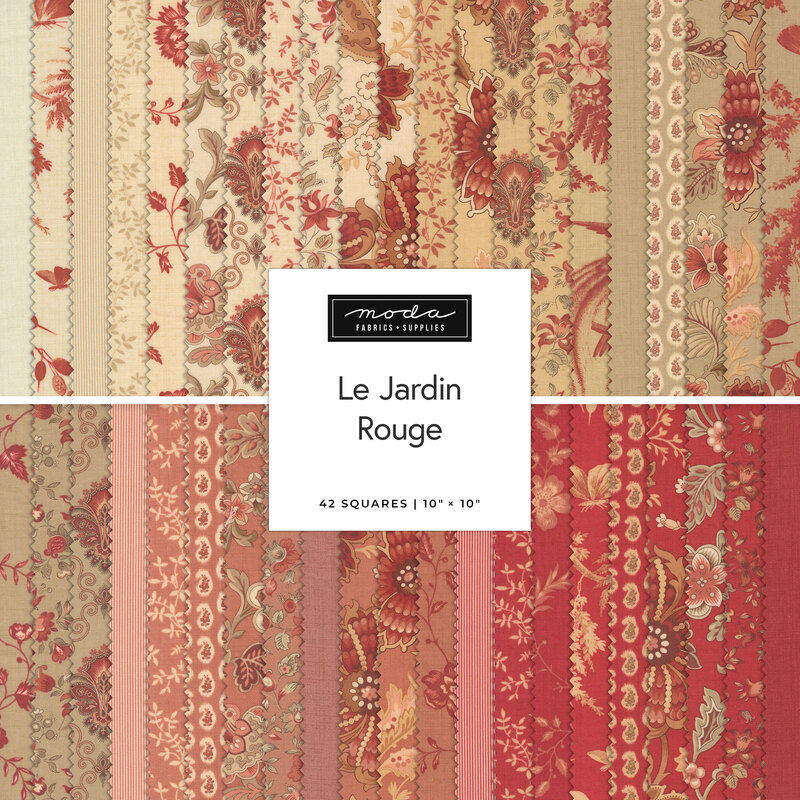Square collage of fabric strips from the Le Jardin Rouge collection featuring floral, stripe, and solid prints in hues of taupe, pink, and red.