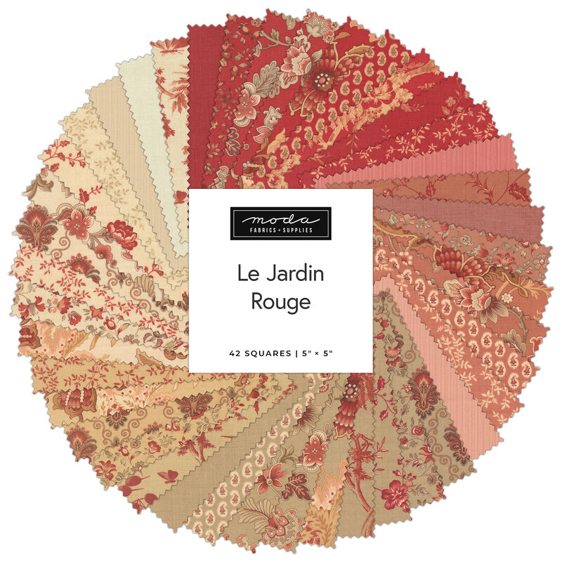 A circular collage of fabric from the Le Jardin Rouge collection featuring floral, stripe, and solid prints in hues of taupe, pink, and red.