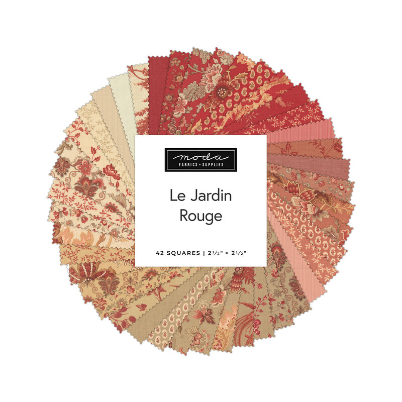 A circular collage of fabric from the Le Jardin Rouge collection featuring floral, stripe, and solid prints in hues of taupe, pink, and red.