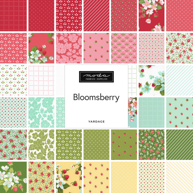 A fabric collage featuring strawberry springtime fabrics from the Bloomsberry collection by Moda.