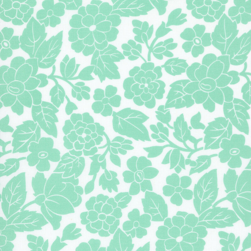 A white fabric with single tone aqua florals. 
