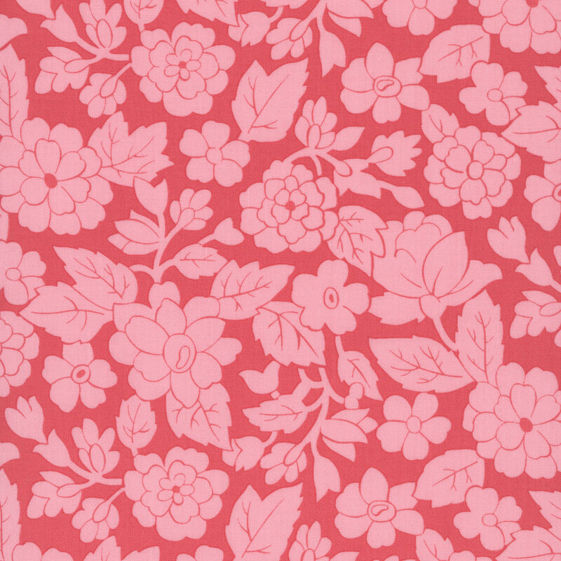 A ruby red fabric with single tone coral pink florals. 