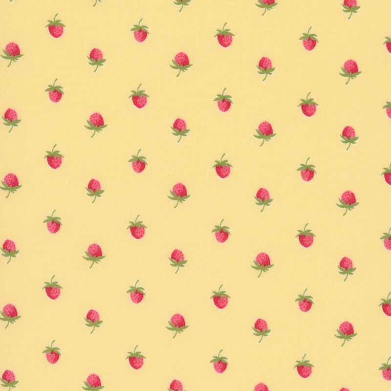 A butter yellow fabric with a half drop pattern of red strawberries. 