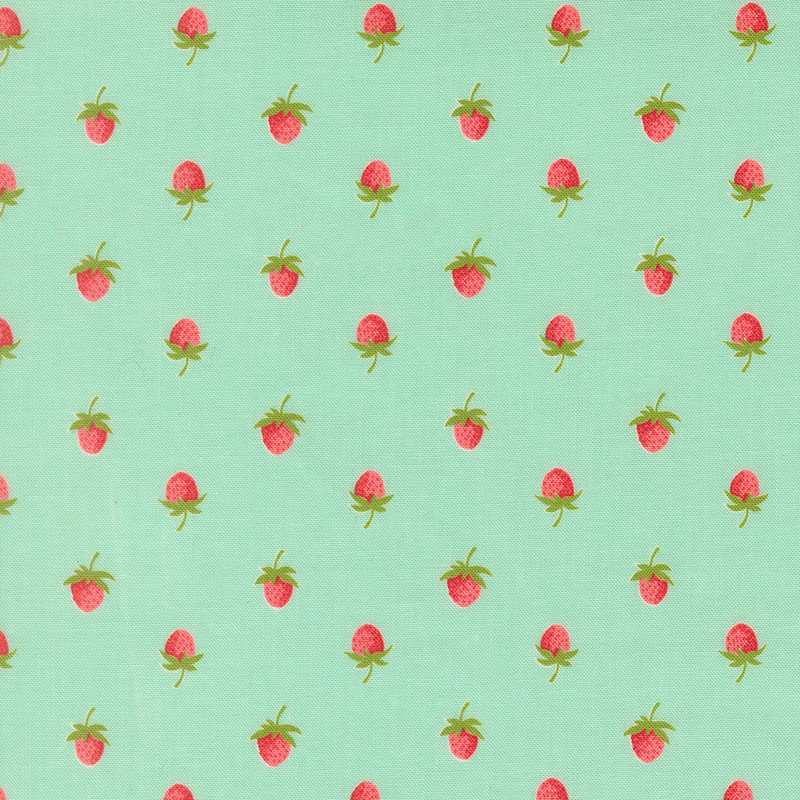 A aqua fabric with a half drop pattern of red strawberries. 