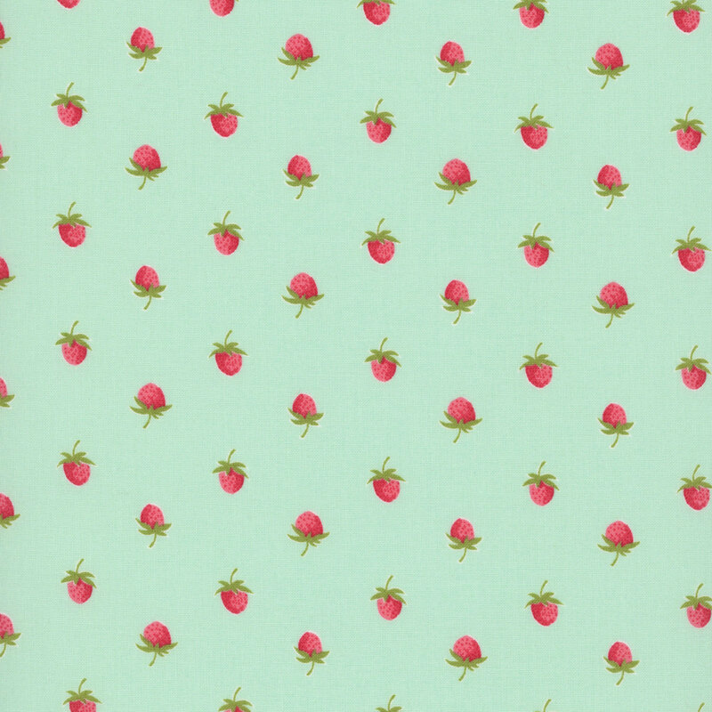 A aqua fabric with a half drop pattern of red strawberries. 