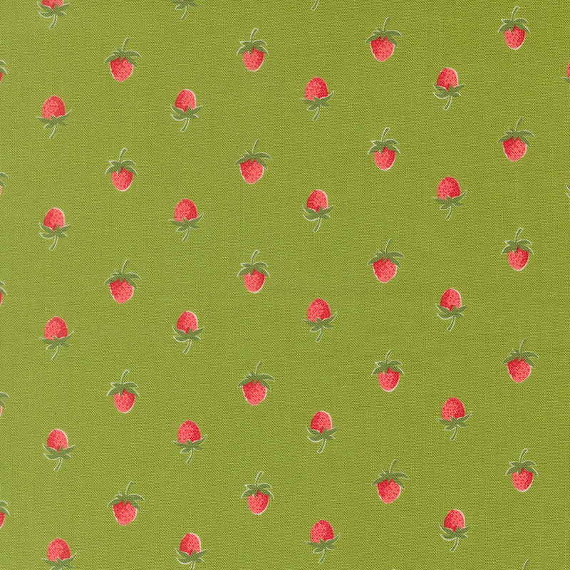 A grass green fabric with a half drop pattern of red strawberries. 