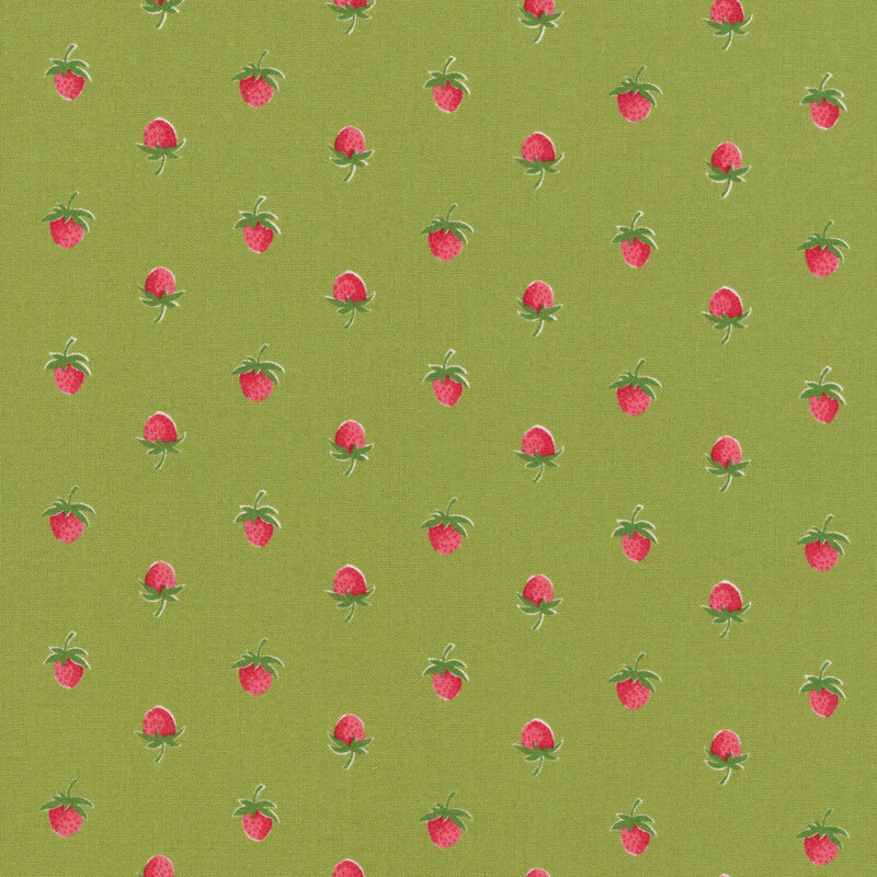A grass green fabric with a half drop pattern of red strawberries. 
