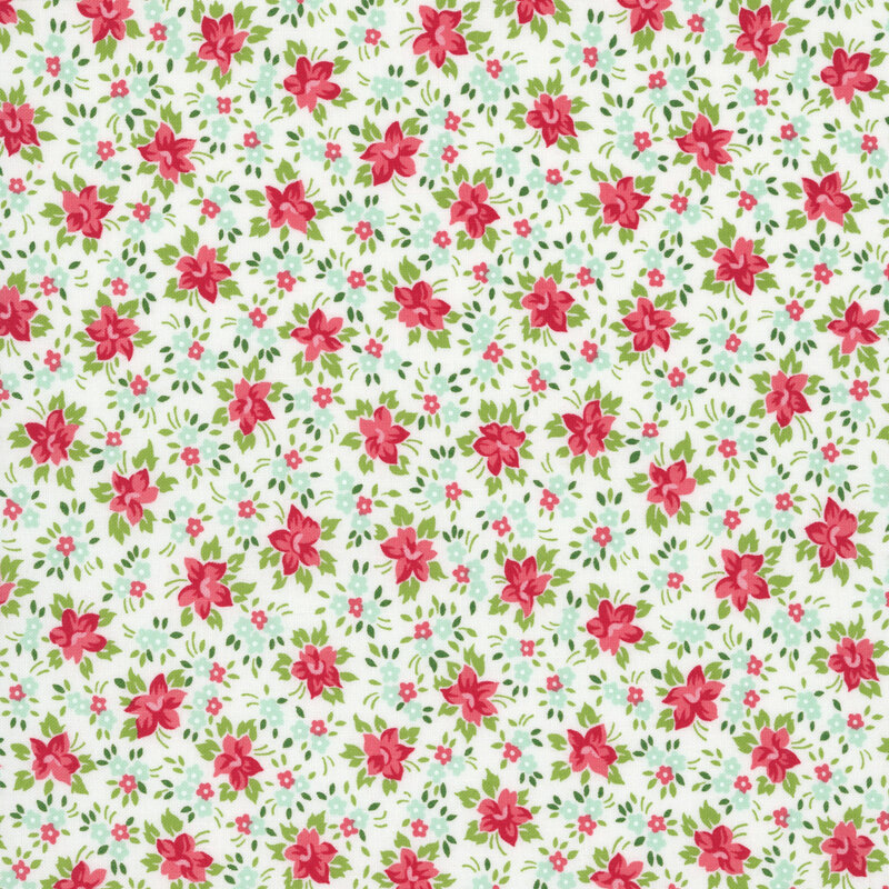 A white fabric with packed watermelon red, coral pink, and aqua flowers with green leaves. 