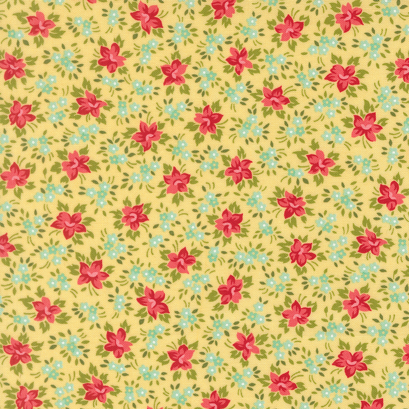 A butter yellow fabric with packed watermelon red and aqua flowers with green leaves. 
