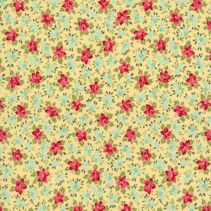 A butter yellow fabric with packed watermelon red and aqua flowers with green leaves. 
