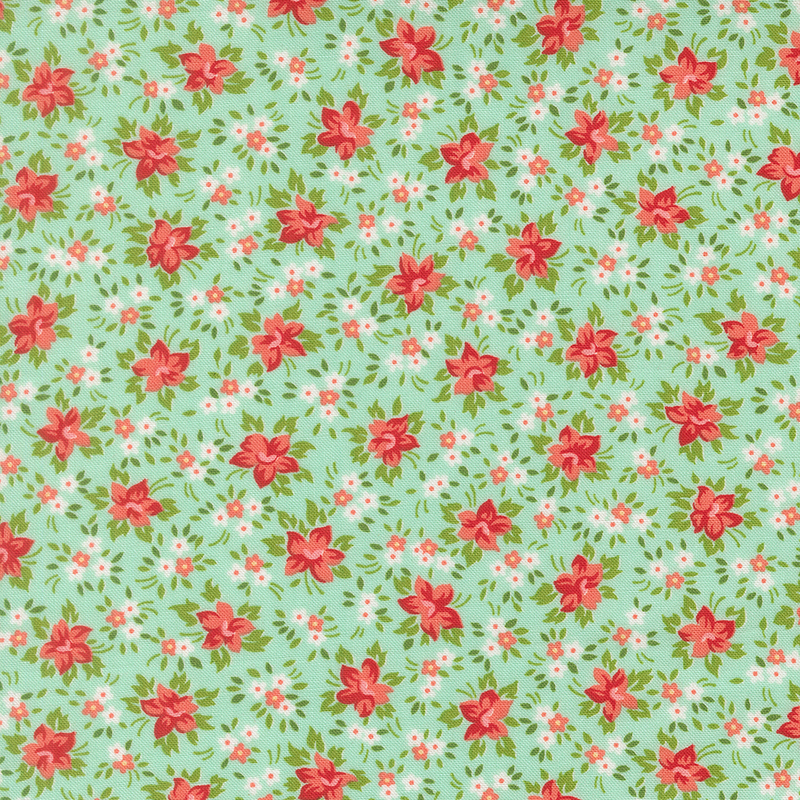 A aqua fabric with packed watermelon red, white, and coral pink flowers with green leaves. 