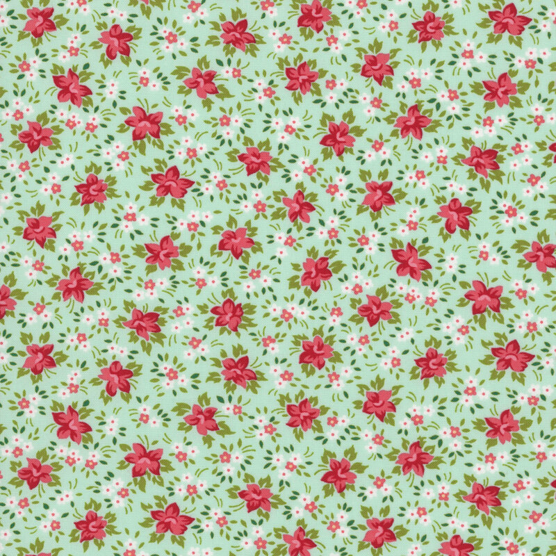 A aqua fabric with packed watermelon red, white, and coral pink flowers with green leaves. 