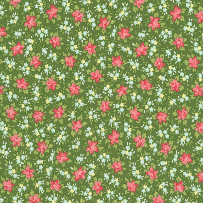 A grass green fabric with packed watermelon red, butter yellow, and aqua flowers with green leaves. 