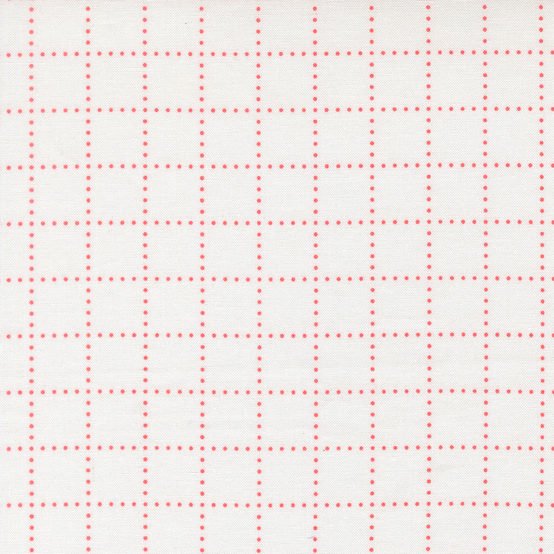 A white fabric with red dots forming a grid. 