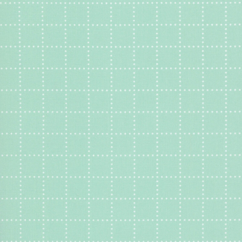 A aqua fabric with white dots forming a grid. 