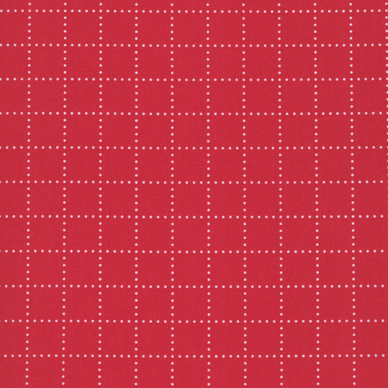 A ruby red fabric with white dots forming a grid. 