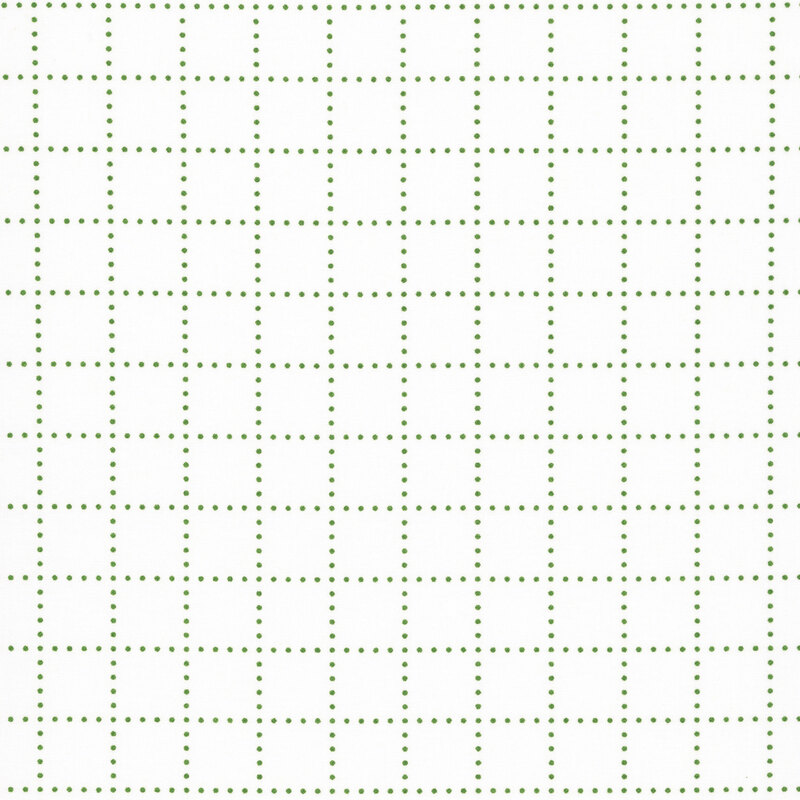 A white fabric with grass green dots forming a grid.