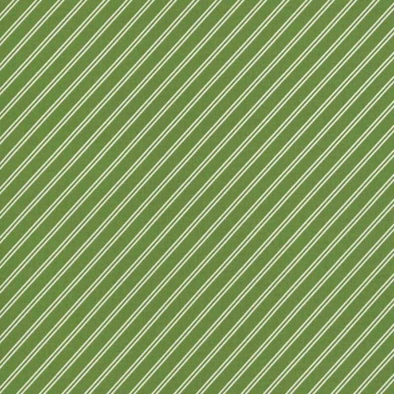 A grass green fabric with white stripes. 