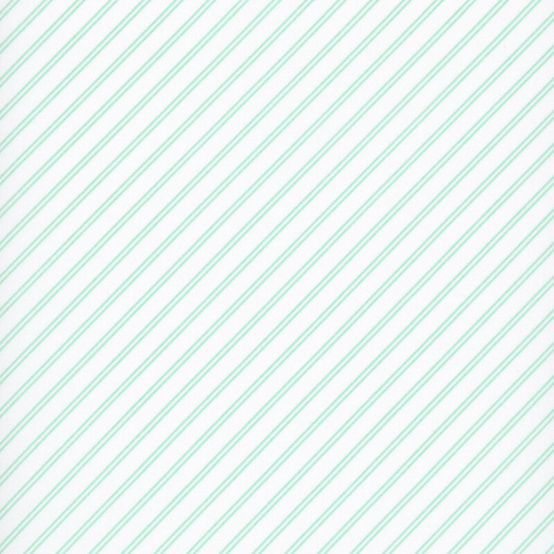 A white fabric with aqua stripes. 