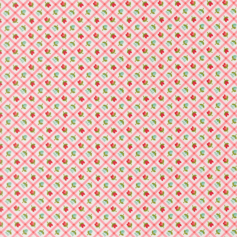 A white fabric with aqua and red rosettes framed by a coral pink lattice.