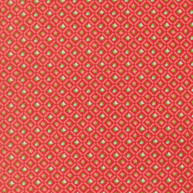 A ruby red fabric with aqua and pink rosettes framed by a watermelon red lattice. 