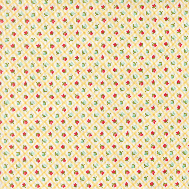 A white fabric with red and aqua rosettes framed by a butter yellow lattice. 