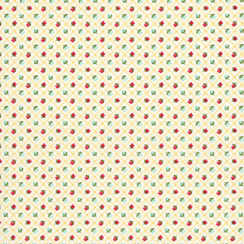 A white fabric with red and aqua rosettes framed by a butter yellow lattice. 