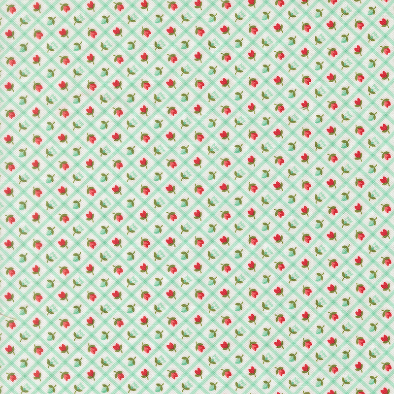 A white fabric with aqua and red rosettes framed by a aqua lattice. 